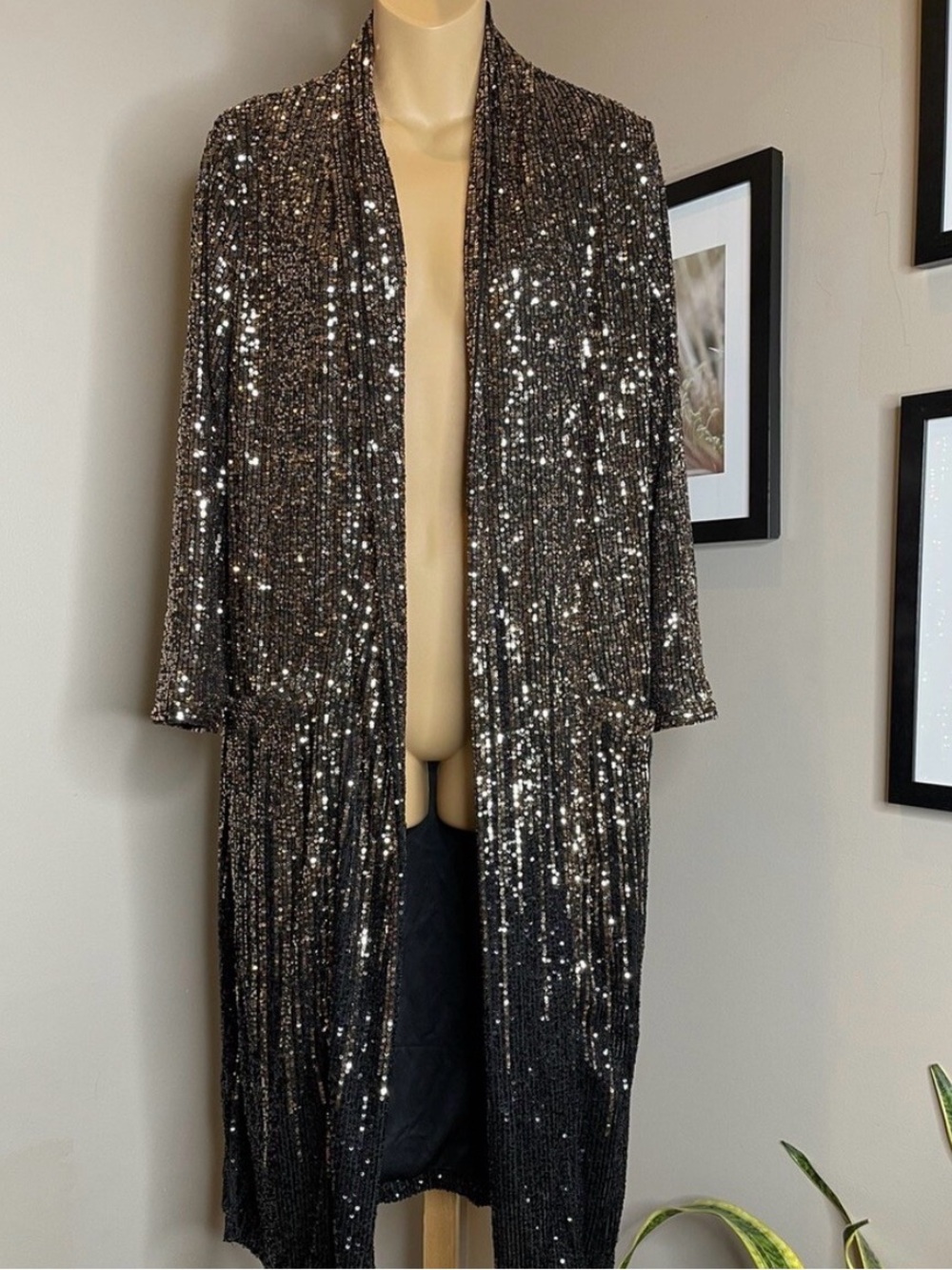 Women's Black Sequin Long Open-Front Duster.  #39